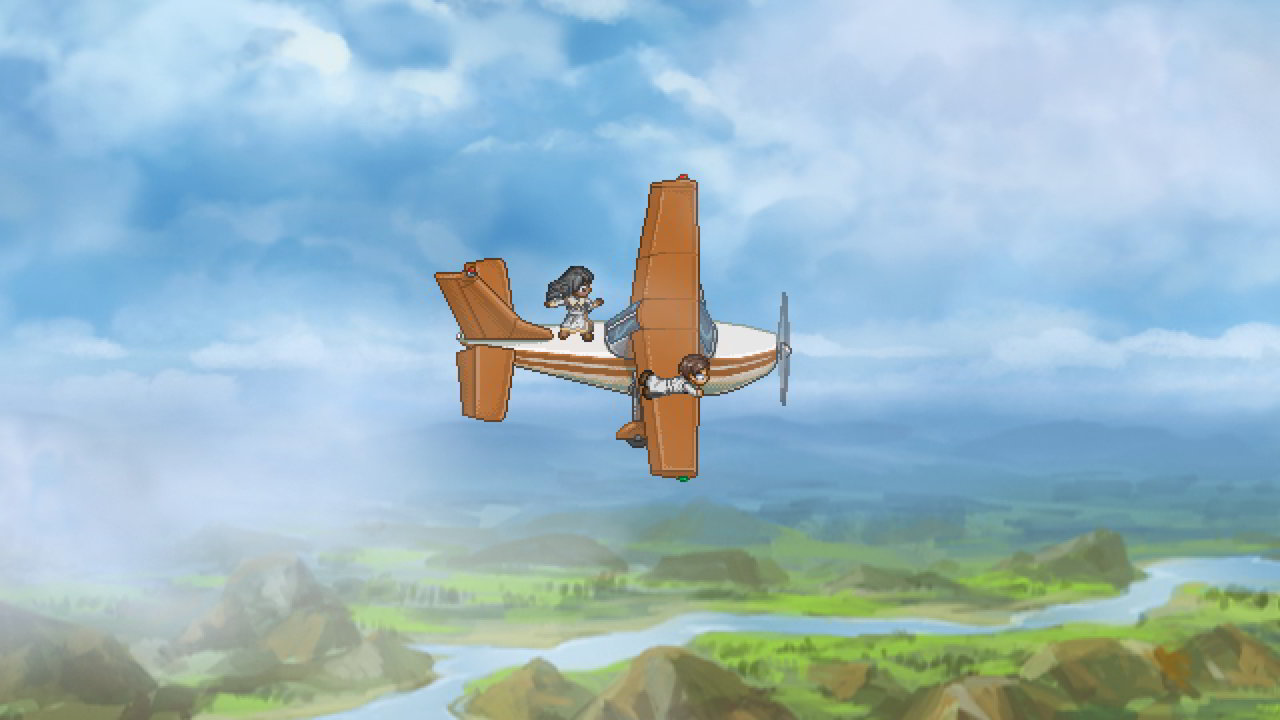 The two main characters of To the Moon are riding a plane.
