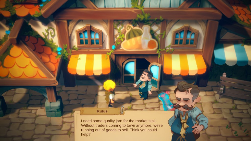 A shopkeeper explains town's problems to the main character of Dragon Shelter.