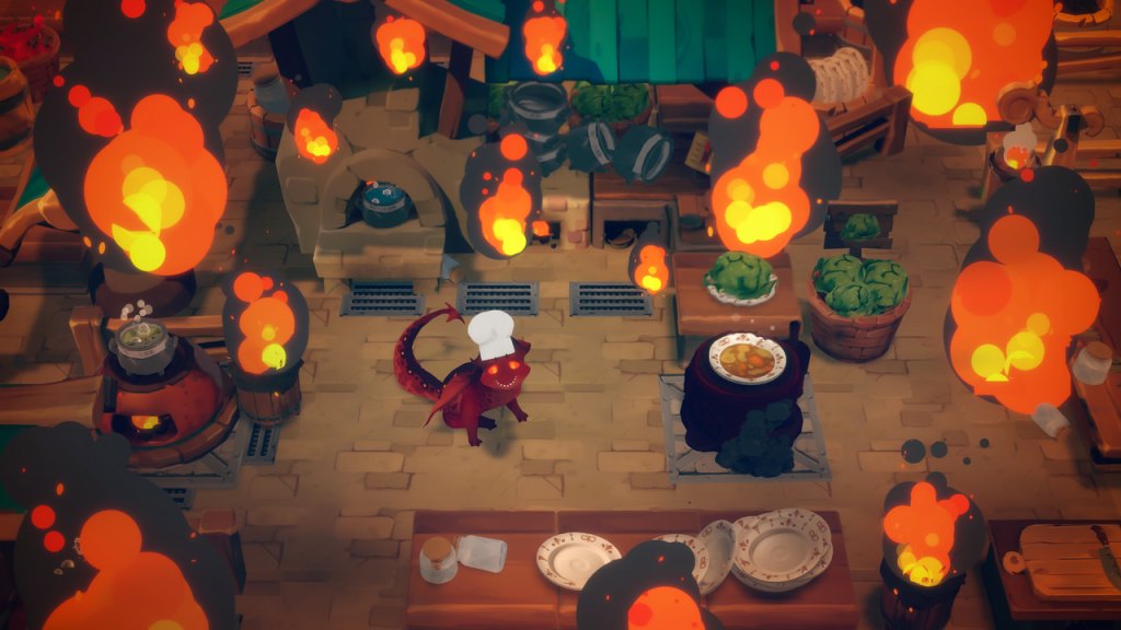 The kitchen is on fire after a small mistake by the chef.