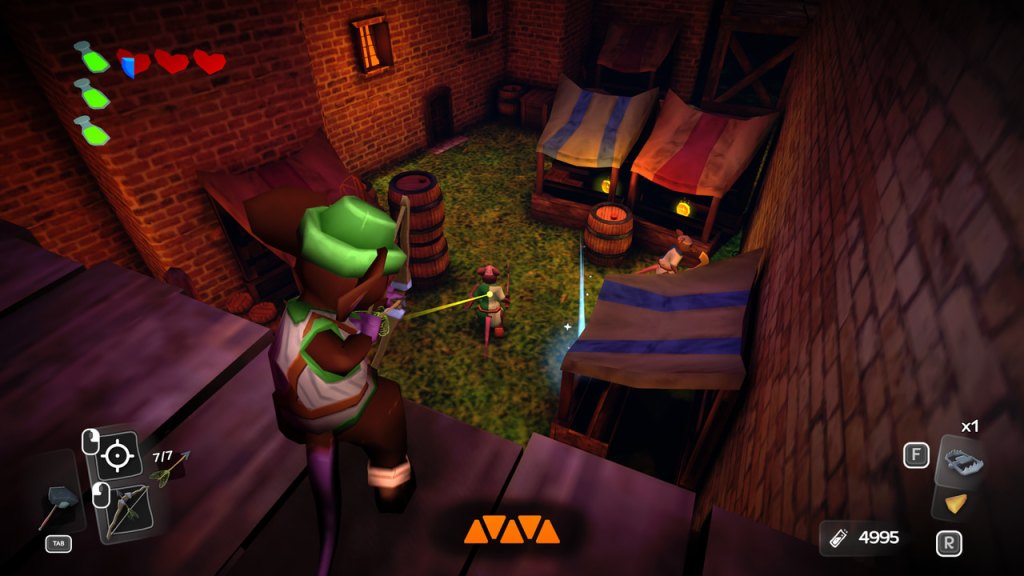 The character of Mouseward is aiming a foe on the ground.
