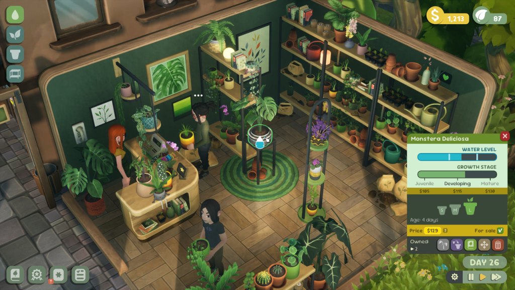 The shelves in our small and cute shop are full of colourful pots and plants.
