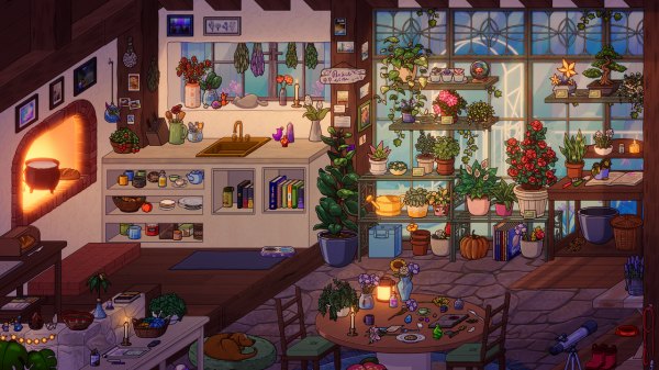 The house of a witch full of herbs, books and vials.