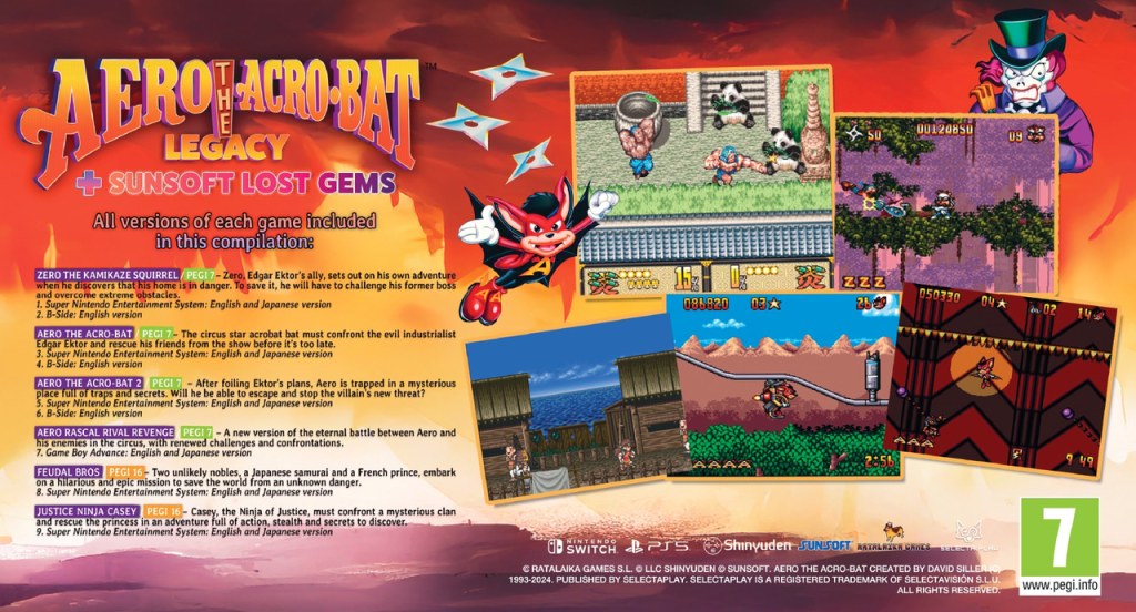 The games included in the Aero the Acro-Bat Legacy and Sunsoft Lost Gems Collection.